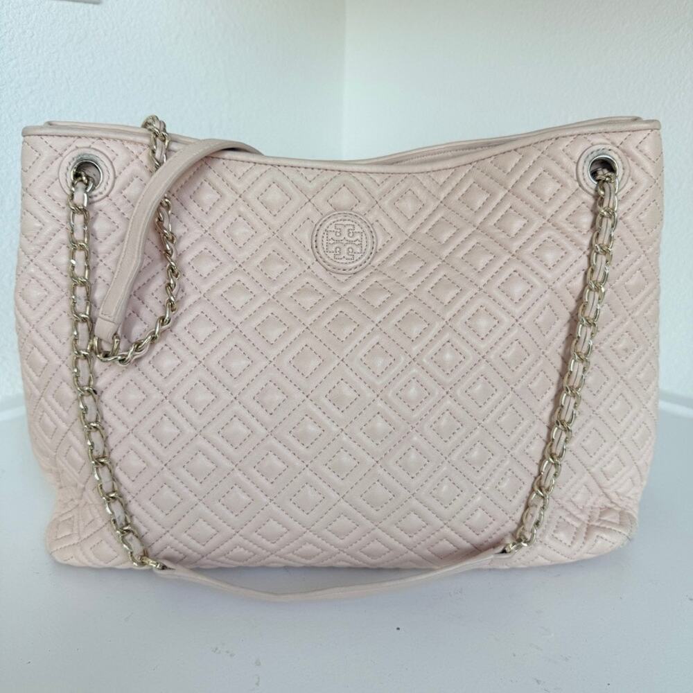 TORY BURCH Quilted Leather Chain Tote Bag Pink Shoulder Purse Classic‎ Luxury
